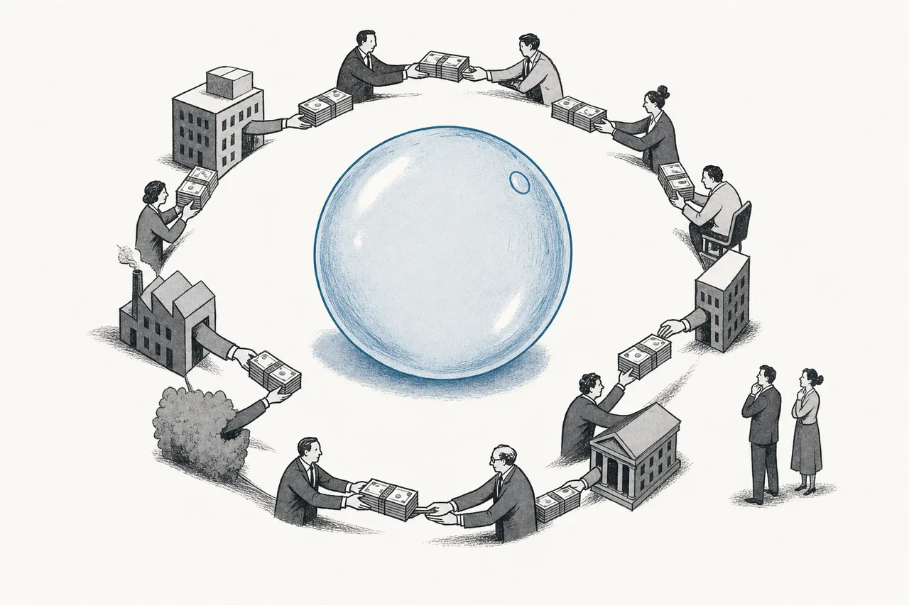 A circle of companies passing piles of money around in a loop, with a fragile bubble in the middle inflating bigger and bigger