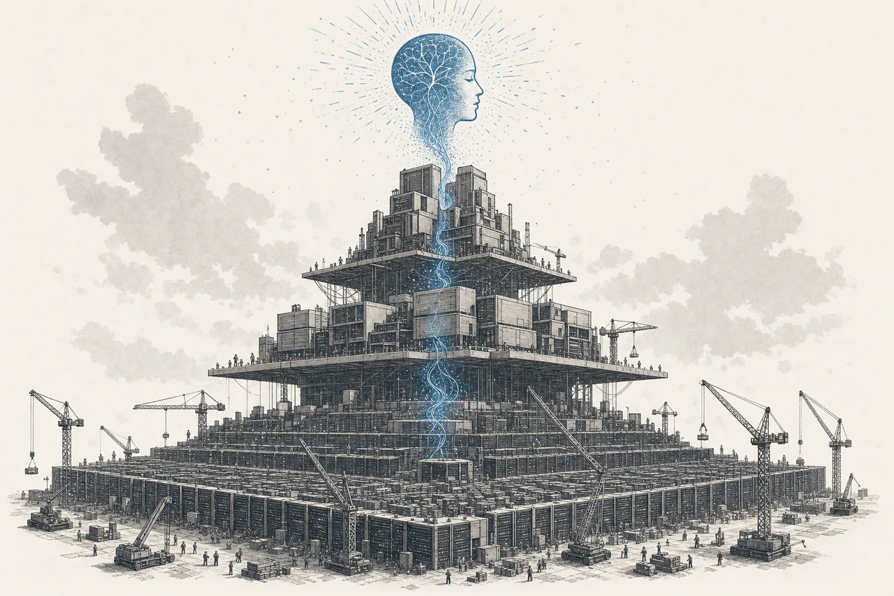 An enormous AI structure built up in layers — the base is countless servers, the top is a glowing intelligence
