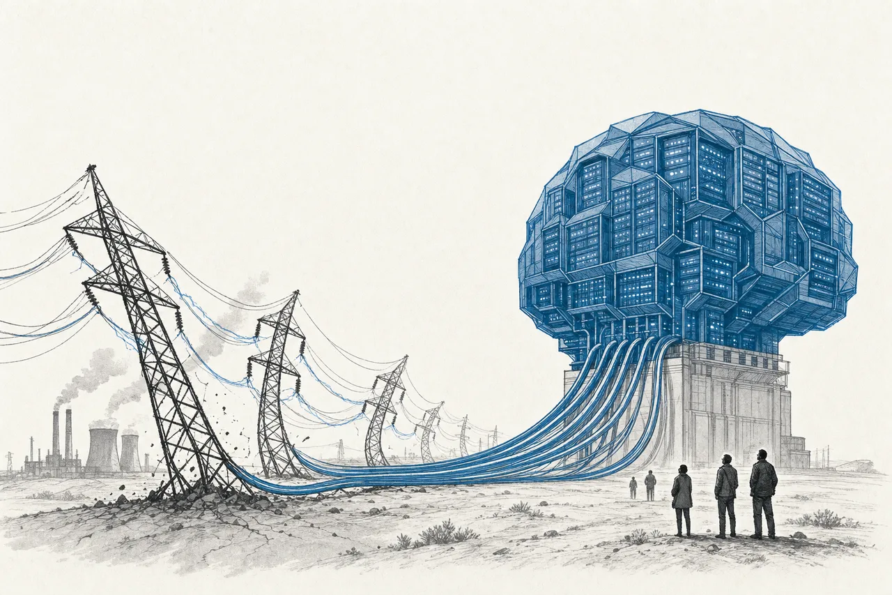 A giant AI structure plugging thick power cables into an electrical grid that's bending under a load it can't handle
