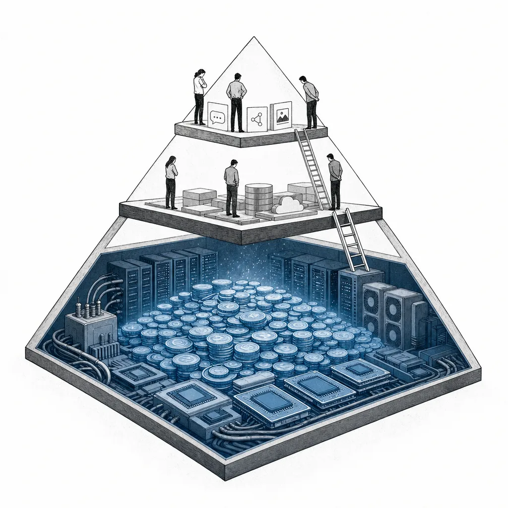 A cutaway view of a three-layer pyramid — the base has a glowing pile of accumulated money, the top layers have far less