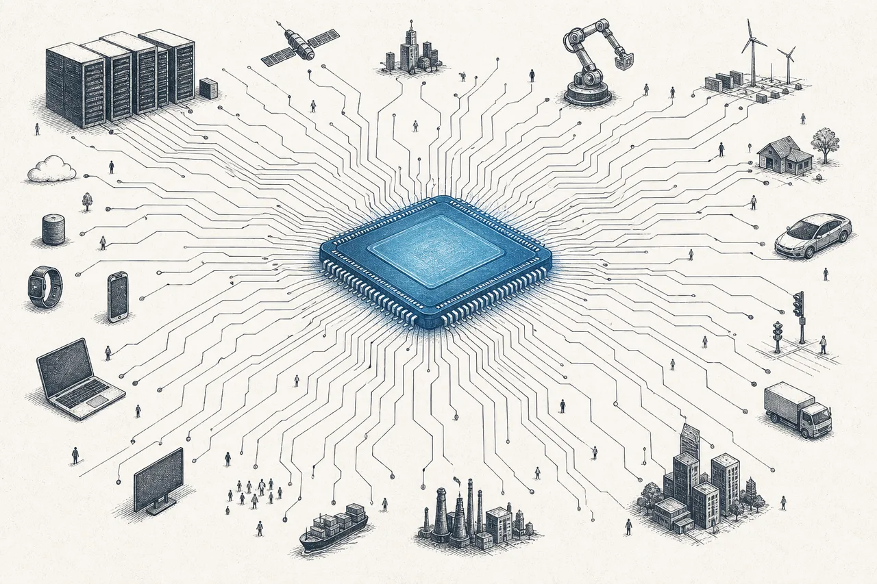 A massive square chip in the center, with thousands of data lines fanning out in every direction to data centers, language models, and devices — like a heart pumping power to the whole AI world