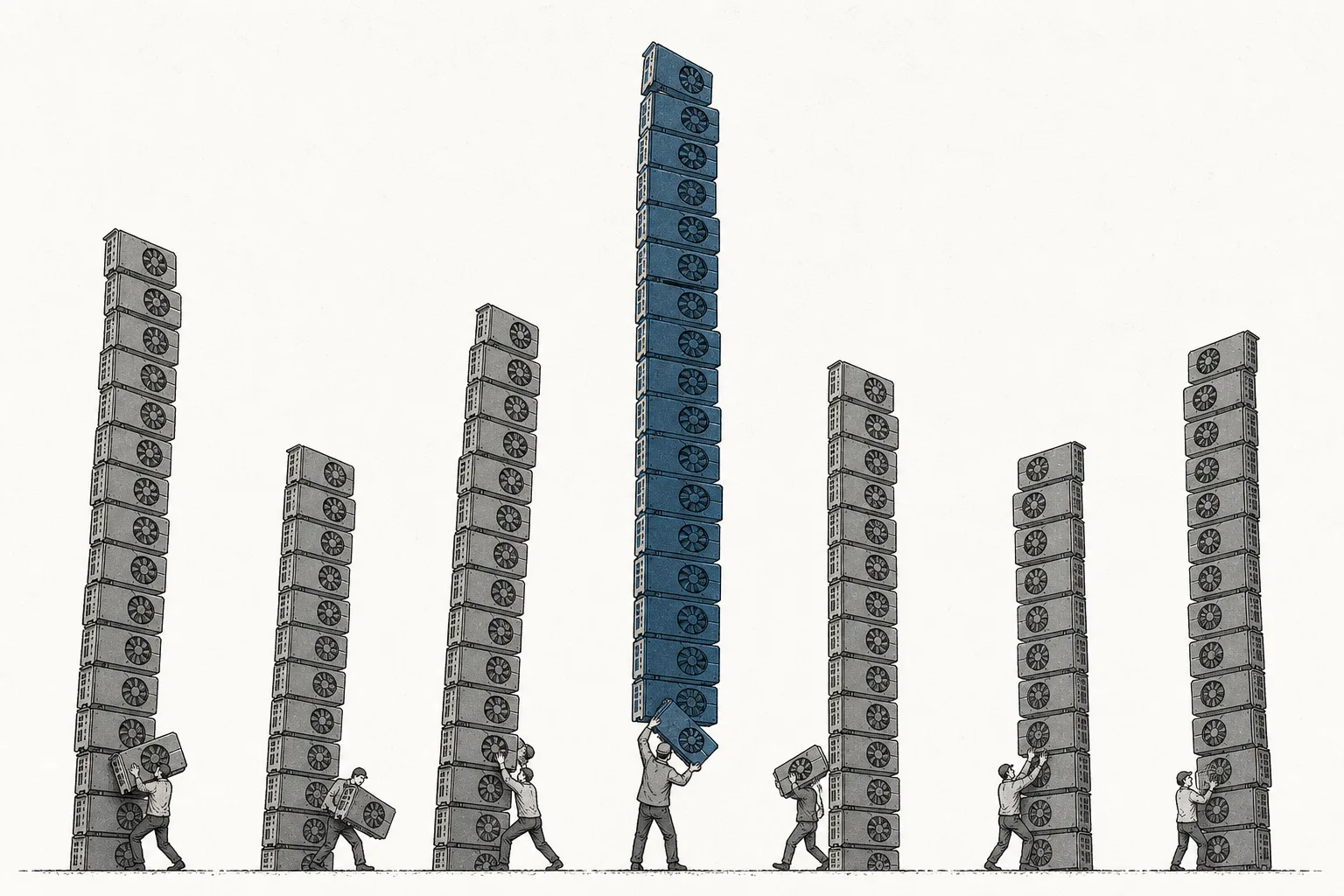 Several companies lining up to build towers of stacked accelerators, growing taller and taller, competing over who can go higher — signaling a compute-stockpiling race no one dares to stop