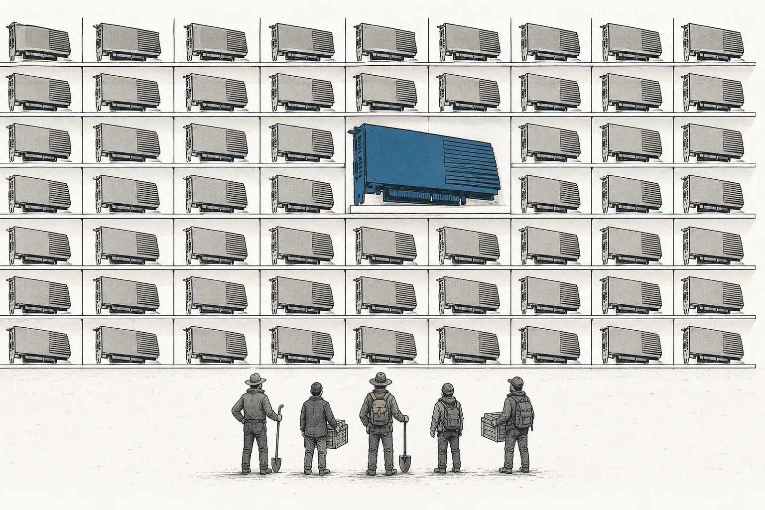 A wall of large accelerators stacked up, with tiny investors standing in front looking up at them like gold miners standing outside a shovel shop — signaling that these cards are the tool everyone must buy before entering the AI field