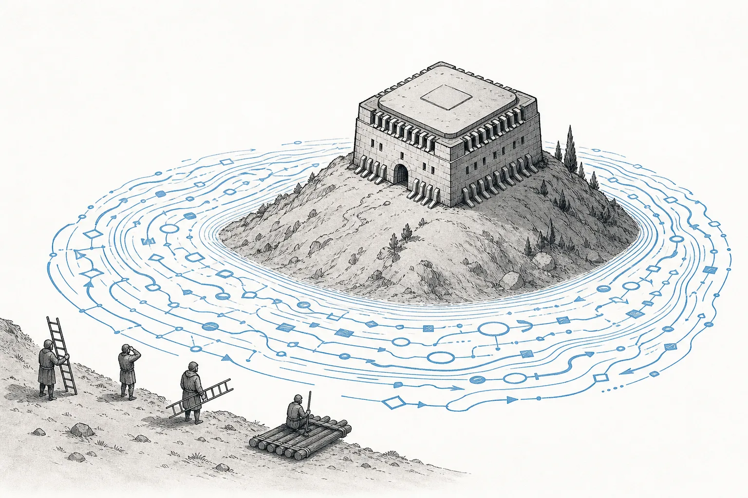 A castle on a hill ringed by a moat, but the moat water is made from the curves of software code instead of real water — signaling that the market leader's armor is software, not the hardware itself
