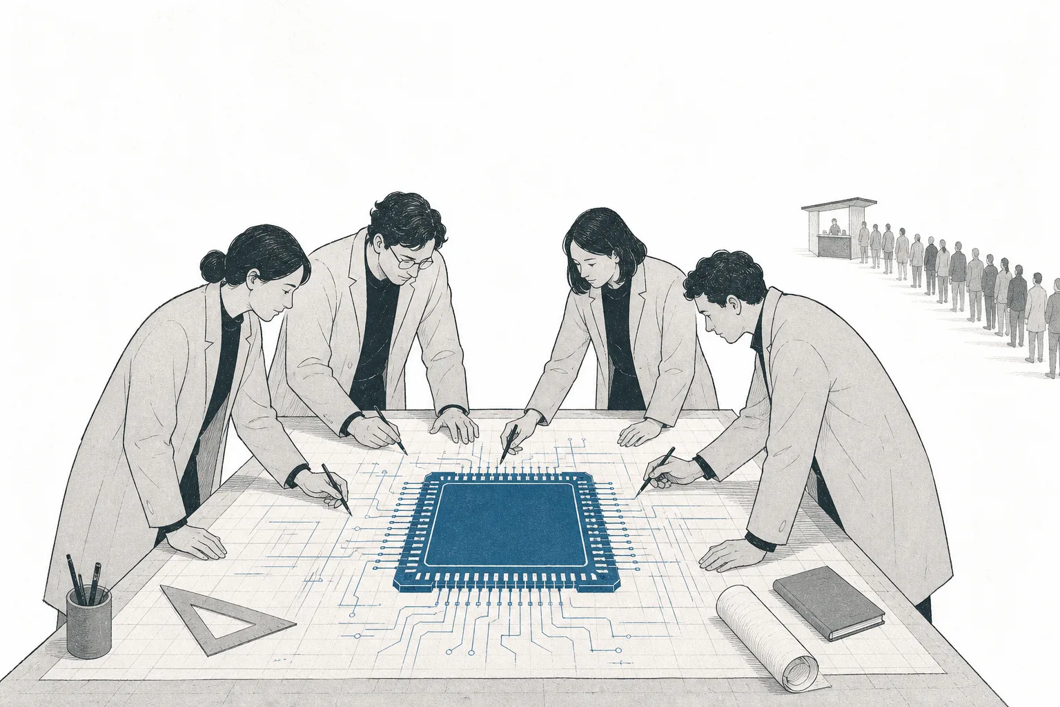 Four cloud giants stand around a design table, together drafting the blueprint of one big square chip in the center, instead of lining up at a single store to buy ready-made chips. It represents the biggest customers turning to designing their own chips.