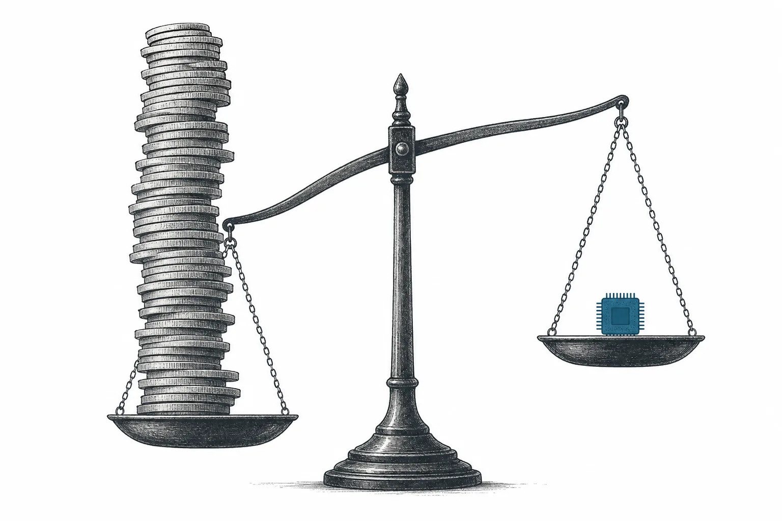 A large balance scale with a tall pile of coins overflowing on one side and a small custom chip on the other, starting to tip the scale back. It represents how a self-designed chip cuts a big expense.