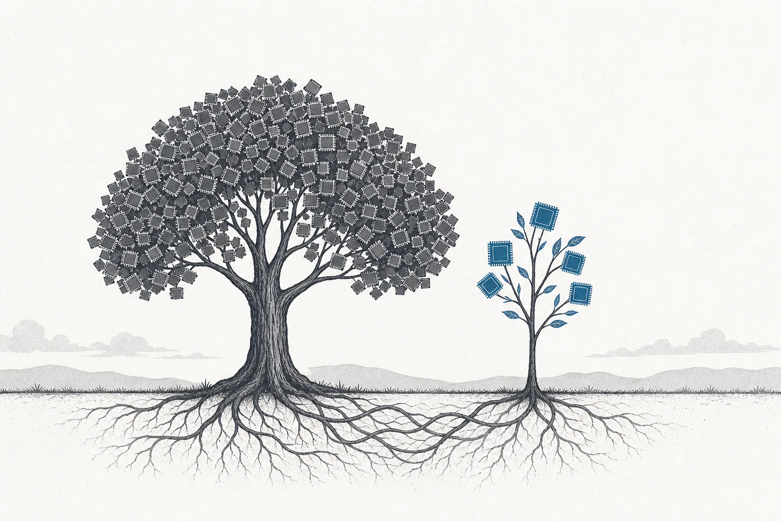 A small custom-chip sapling growing into a tree beside the existing larger GPU tree. It represents the share of self-designed chips growing gradually alongside off-the-shelf chips, not replacing them.