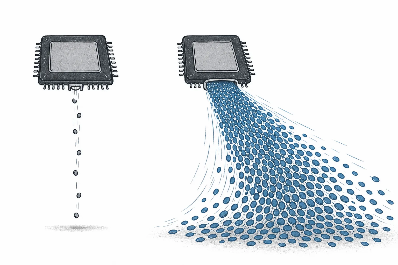 A single square chip fires out a stream of tiny text grains as a strong, rapid jet, in contrast to the chip beside it that releases them one drop at a time, conveying a specialized inference chip producing tokens many times faster than a typical GPU.