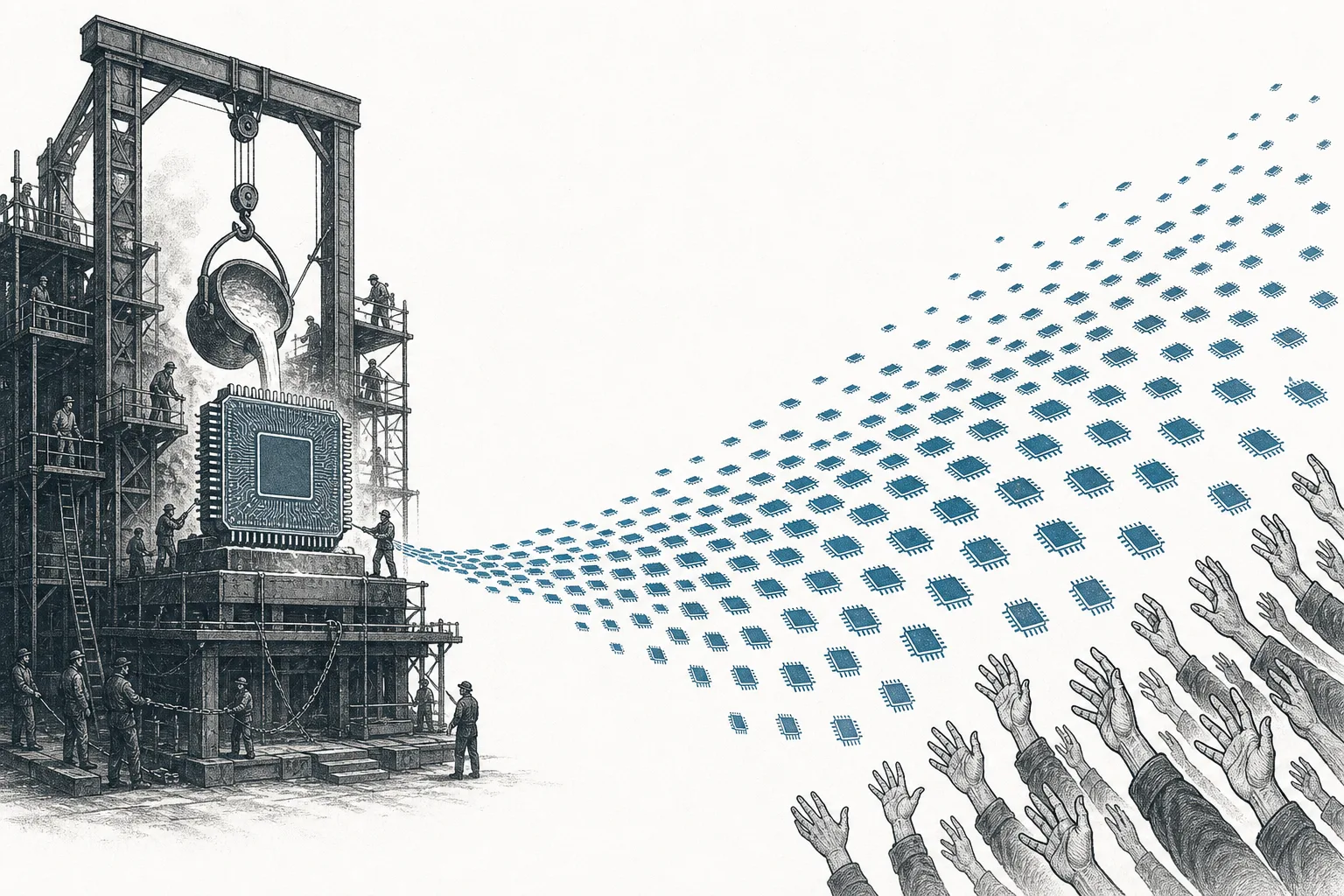 A giant factory carefully casts a single chip statue, just one. That statue is then copied into countless tiny shadows that flow out into the hands of people all over the world, conveying training a model once and then running it again on a massive scale.