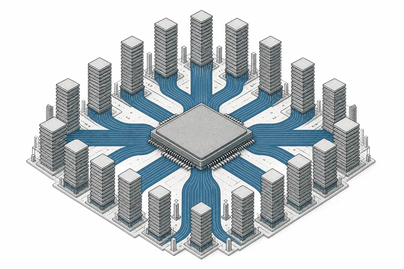 A large AI processing card in the center, ringed by memory towers stacked in tall layers like tiny skyscrapers, feeding thick wide data lines into the central core