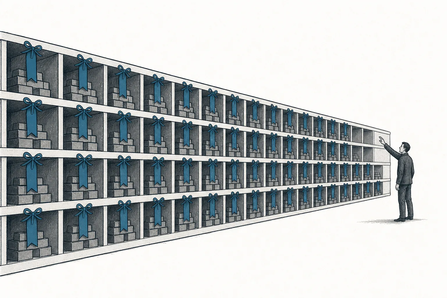 An AI-memory warehouse where almost every shelf is tagged with a reservation tag, with only a sliver of empty space left