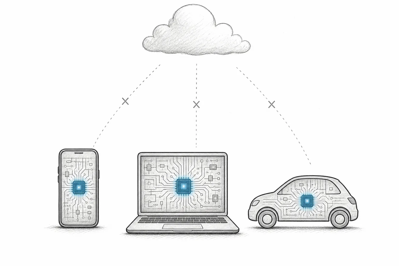A phone, a laptop, and a car lined up, each with a small glowing chip inside, suggesting that AI is working inside the device itself — without connecting to a big cloud floating far away.