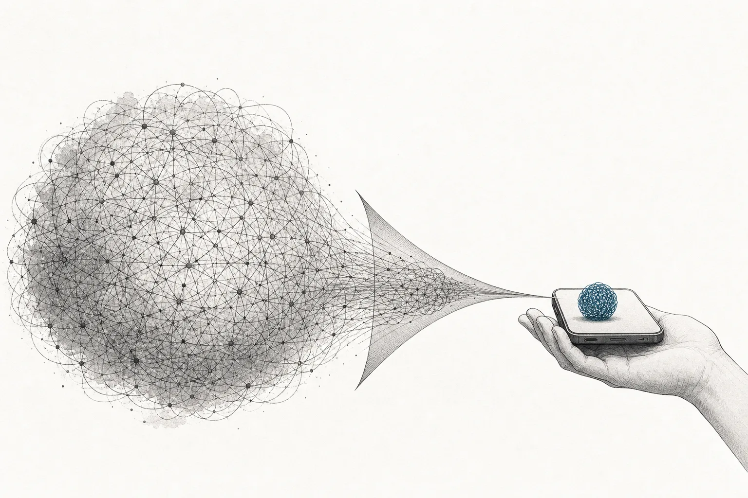 A massive AI model in the cloud is gradually compressed until it's small enough to fit into a phone resting in a person's hand, conveying a small language model designed to run on the device.