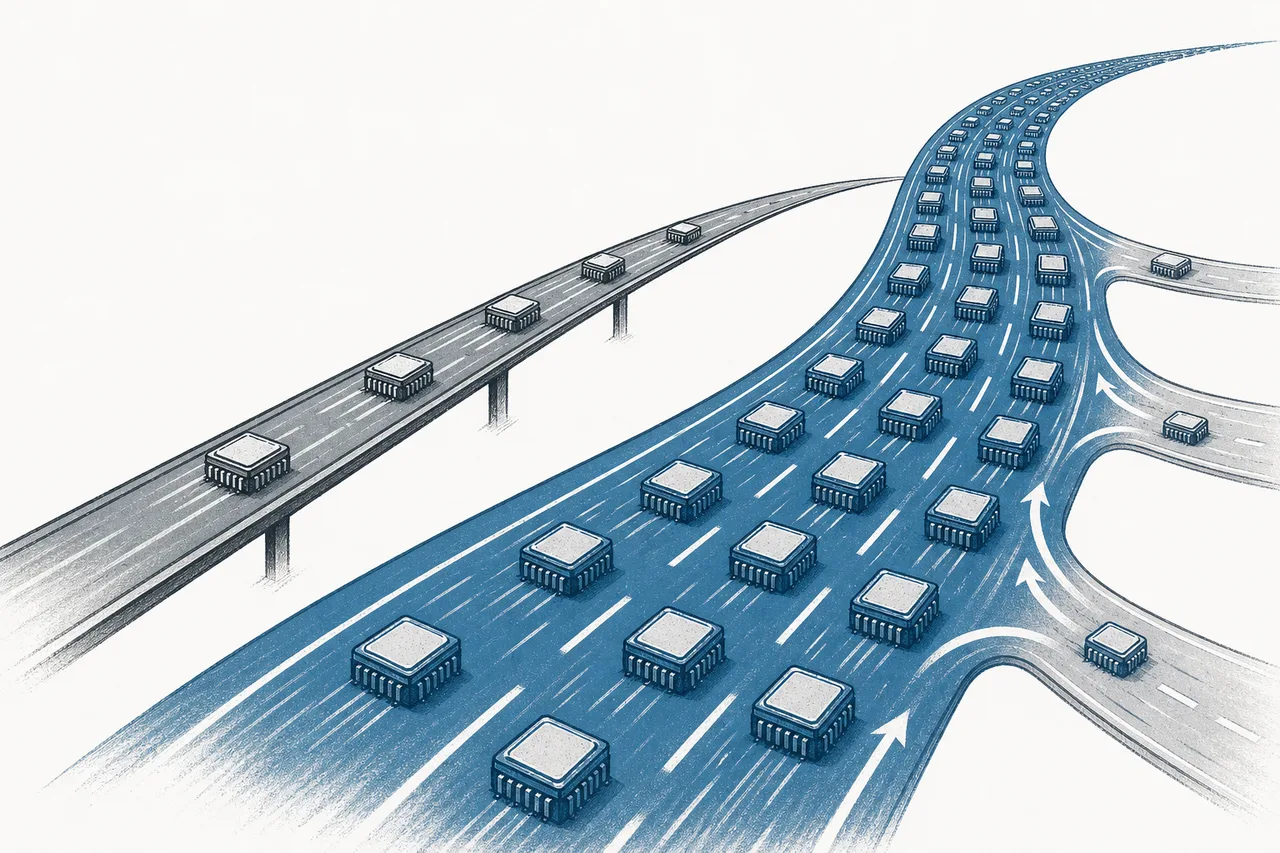 Two parallel roads. The wider open-standard road is overtaking the narrower specialized one, with GPUs flowing along both
