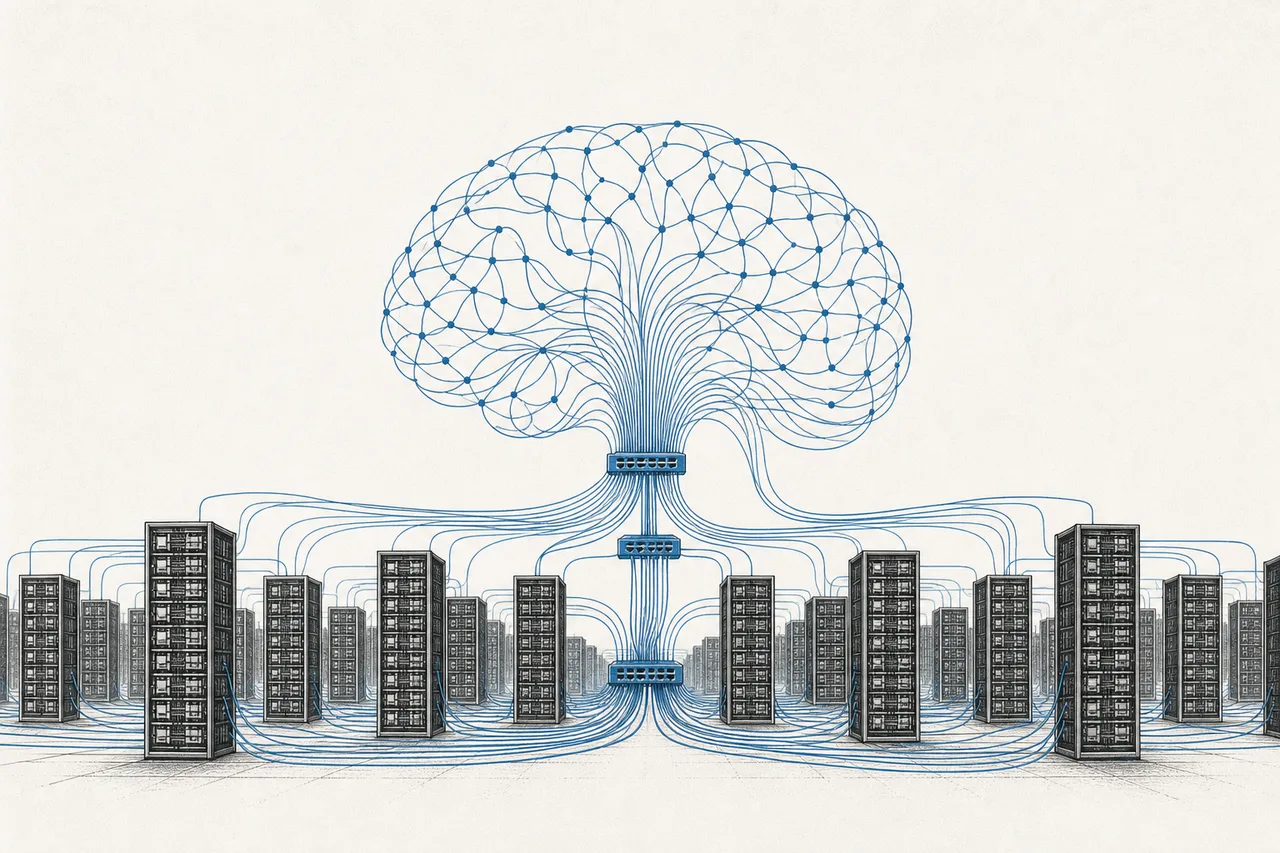 Many GPUs lined up in racks, threaded together by cables and switches until they fuse into a single glowing brain