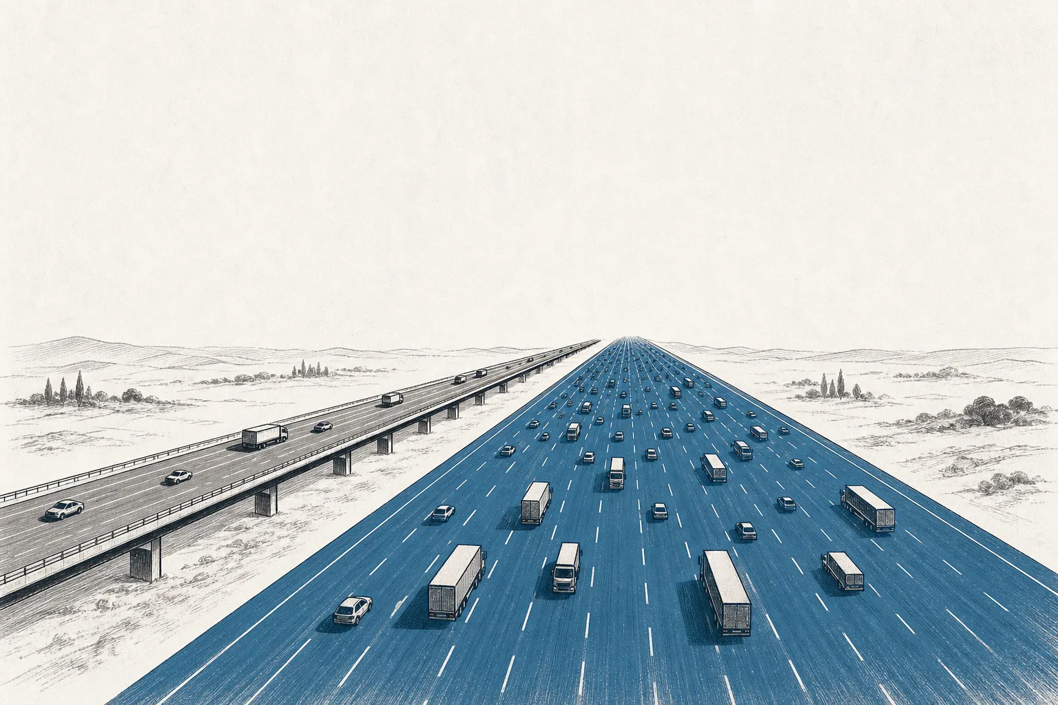 Two parallel roads. The wider open-standard road is overtaking the narrower specialized one, with data flowing along both.