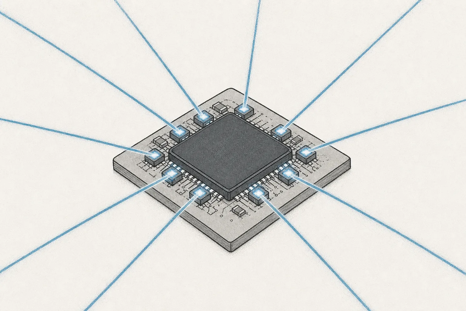 A switch chip in the center with light beams emerging directly from its edges instead of copper wires, conveying co-packaged optics moving the light onto the chip.