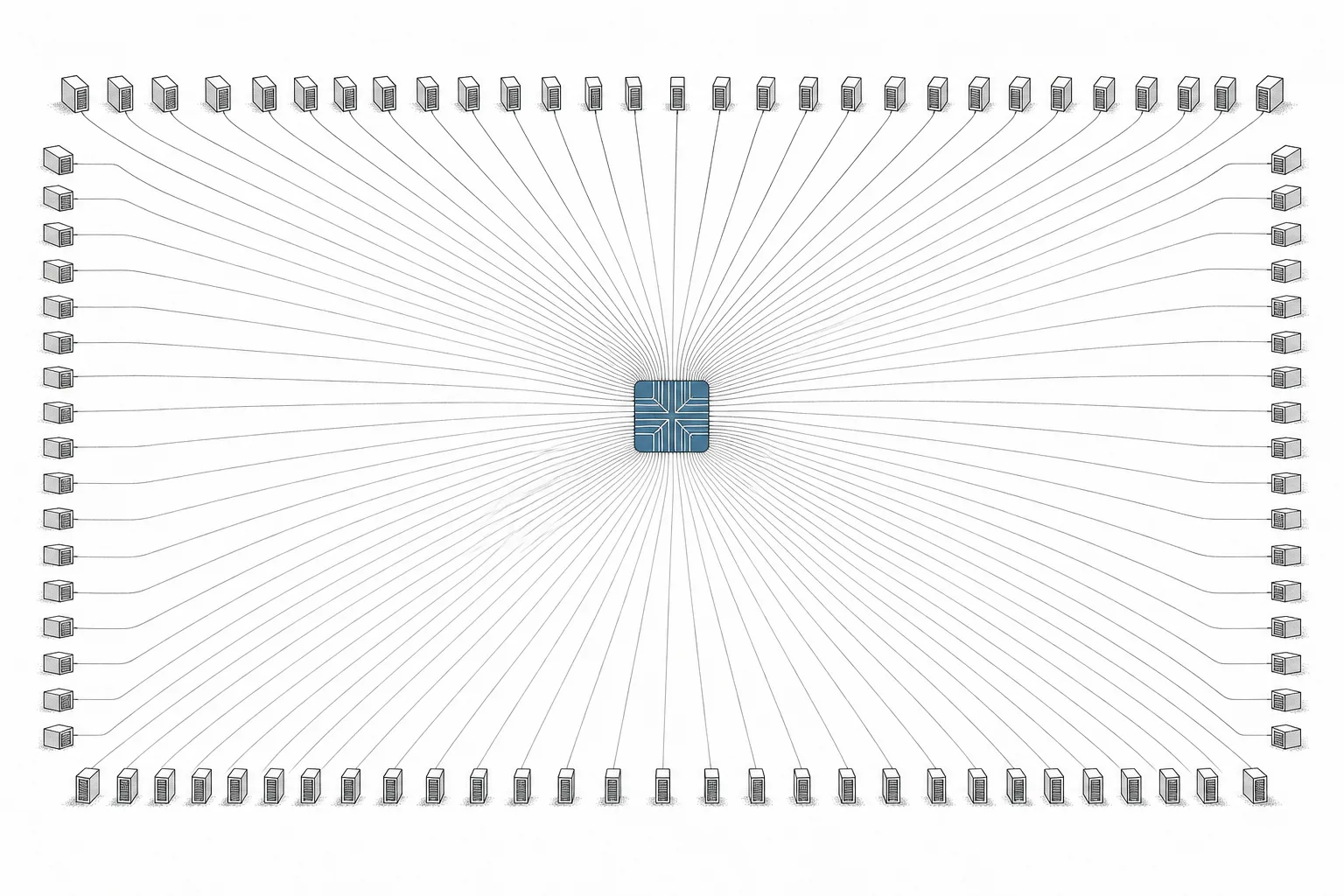 A single switch chip in the center, with hundreds of data lines streaming in and out from every direction, weaving many GPU racks into one glowing network.