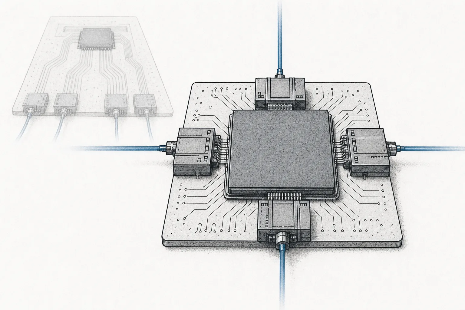 A small optical-conversion set is moved right next to a large switch chip on the same board. The electrical path between the two shrinks until it almost disappears.