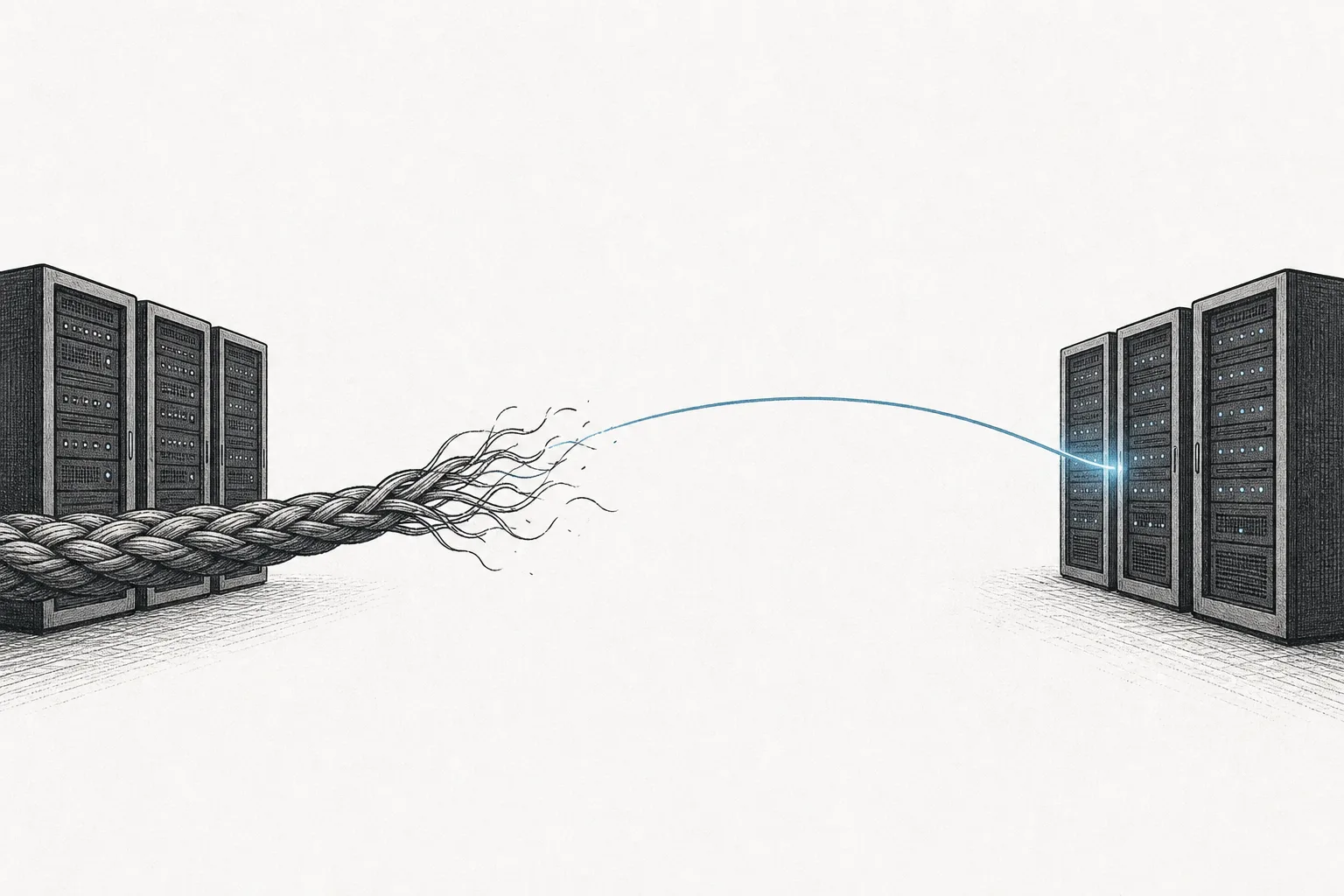 A copper cable breaks off midway, but a thin beam of light leaps across the gap to the other side, connecting two distant groups of GPUs so they can talk.