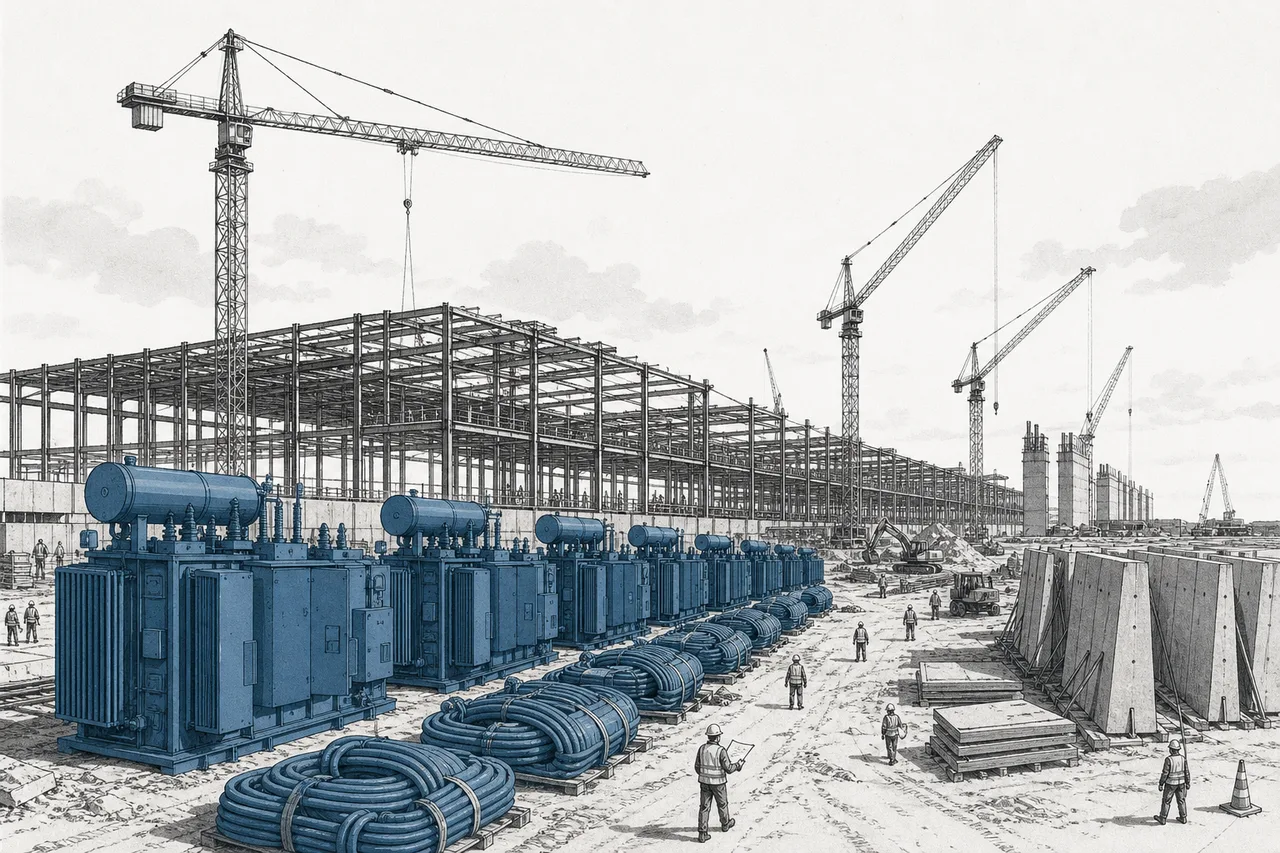 A massive data center construction site in an open field, with several cranes, piles of transformers and cooling pipes, and tiny workers dwarfed by the scale of the building