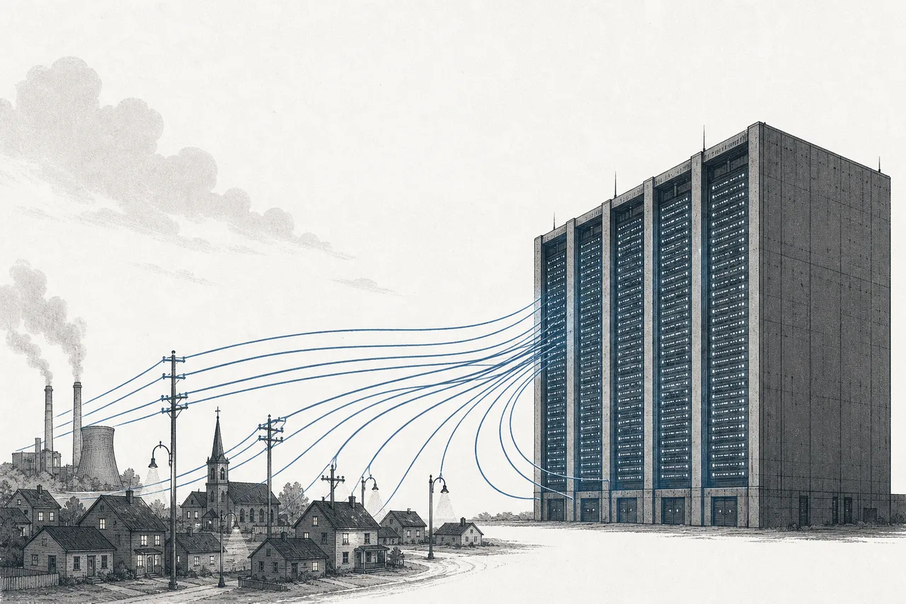 A giant data center pulling power lines from the surrounding city and power plants toward it like a magnet, dimming the lights in the city