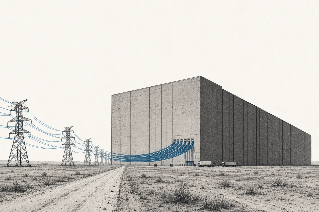 A massive data center in an open field, with high-voltage towers and transmission lines running into it like great arteries feeding power to a giant brain
