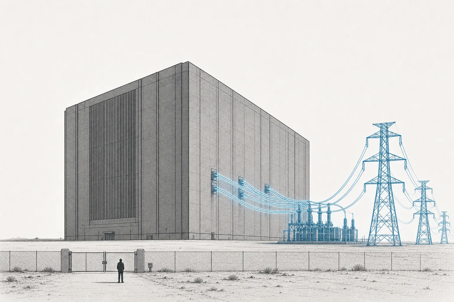 A massive data center stands in the middle of open land, with high-voltage towers and a substation running toward it like blood vessels feeding it power. A symbolic 'For Lease' sign stands out front, evoking the landlord of the AI age.