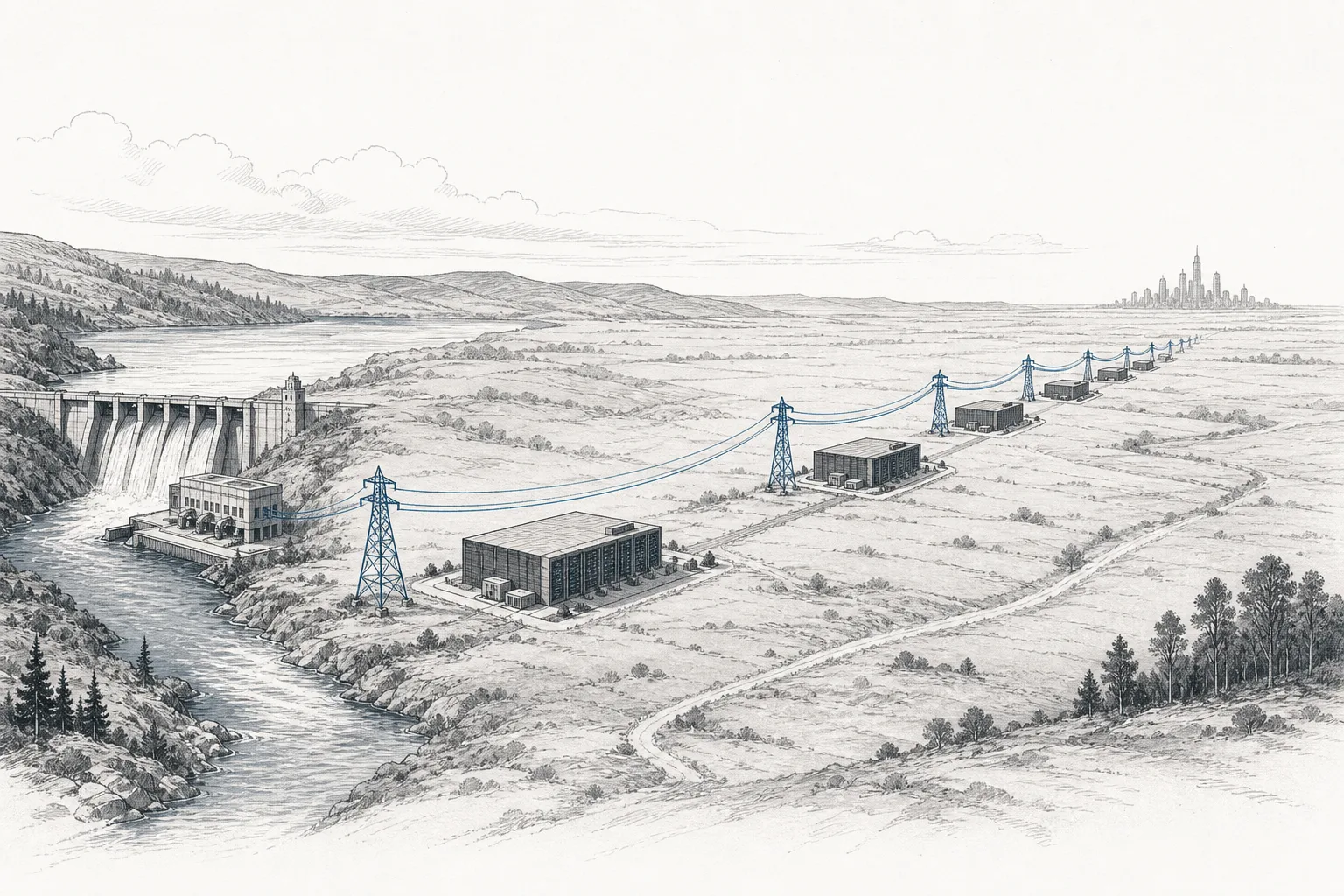 A landscape where data centers line up along high-voltage transmission lines and a power-generating dam, instead of clustering in the city — showing how locations are chosen by energy source in the power-first era.