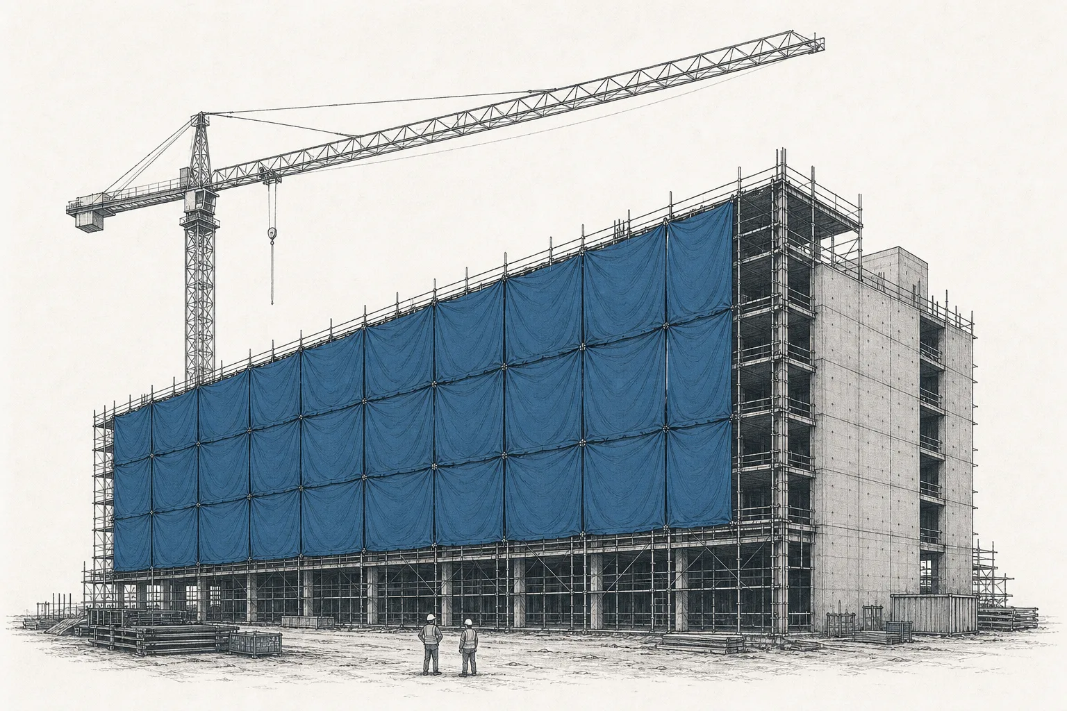 A data-center building still under construction, scaffolding all around, but most of it marked with symbolic 'Reserved' signs — showing tenants booking years before the building is done.