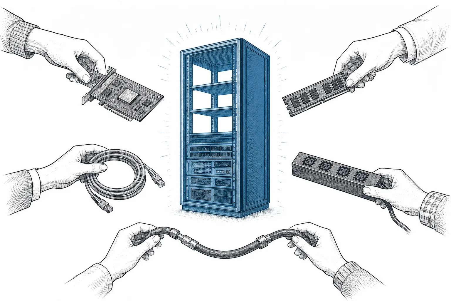 Many pairs of skilled hands assembling computer parts — processing cards, memory boards, network cables, and cooling pipes — into a single, person-height server cabinet that glows.