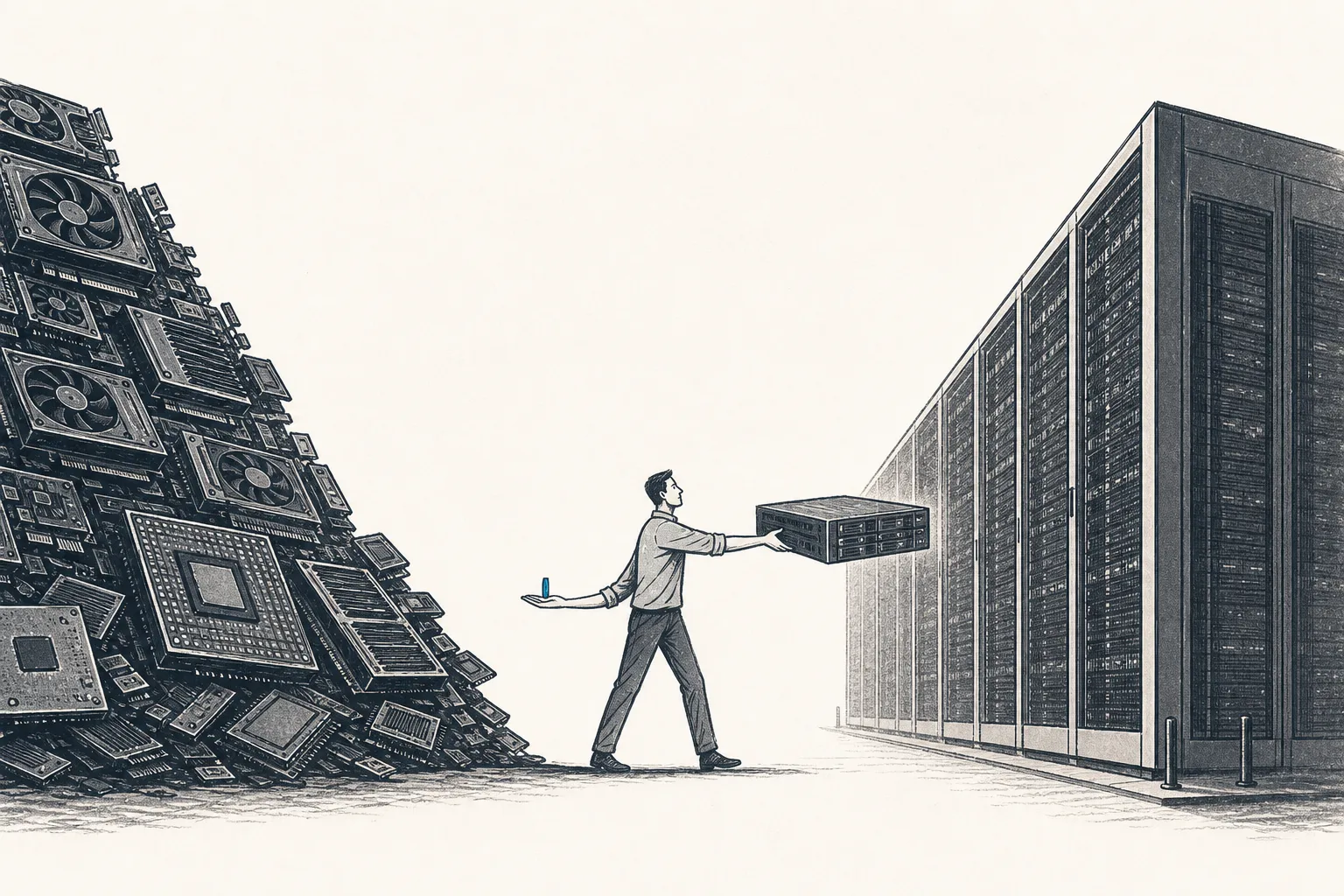 A small person stands in the middle between a huge mountain of expensive parts on one side and a giant data center on the other, both hands assembling goods and passing them on, with only a thin margin left in hand.