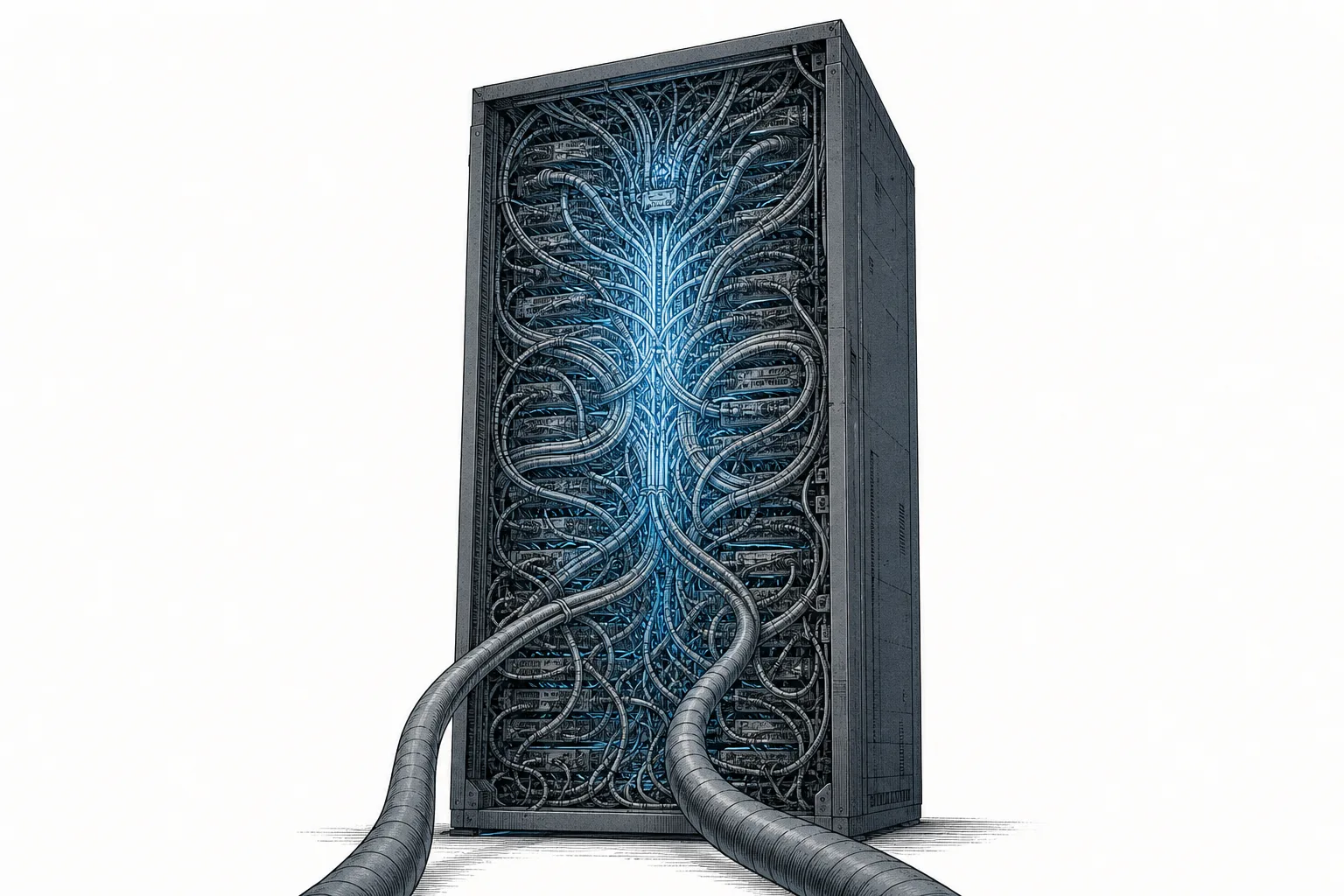 A single tall, large server cabinet whose interior is packed with thousands of cables and cooling pipes woven into a complex web, the whole cabinet glowing like one brain.