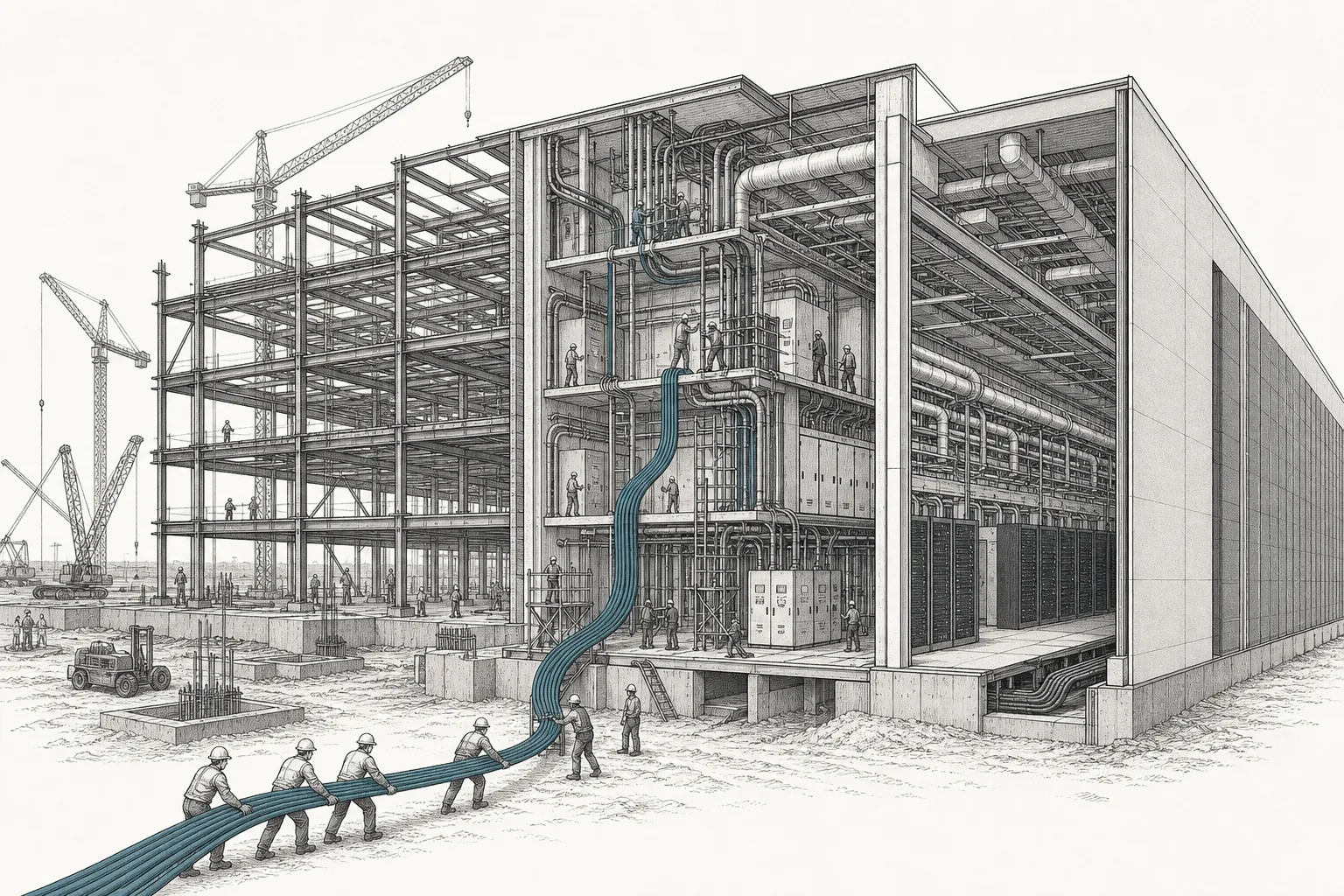 A cross-section of a data center under construction. The left half is bare steel and concrete framing; the right half gradually becomes a finished building with wiring and cooling pipes in place. Tiny workers are at work all over the site.