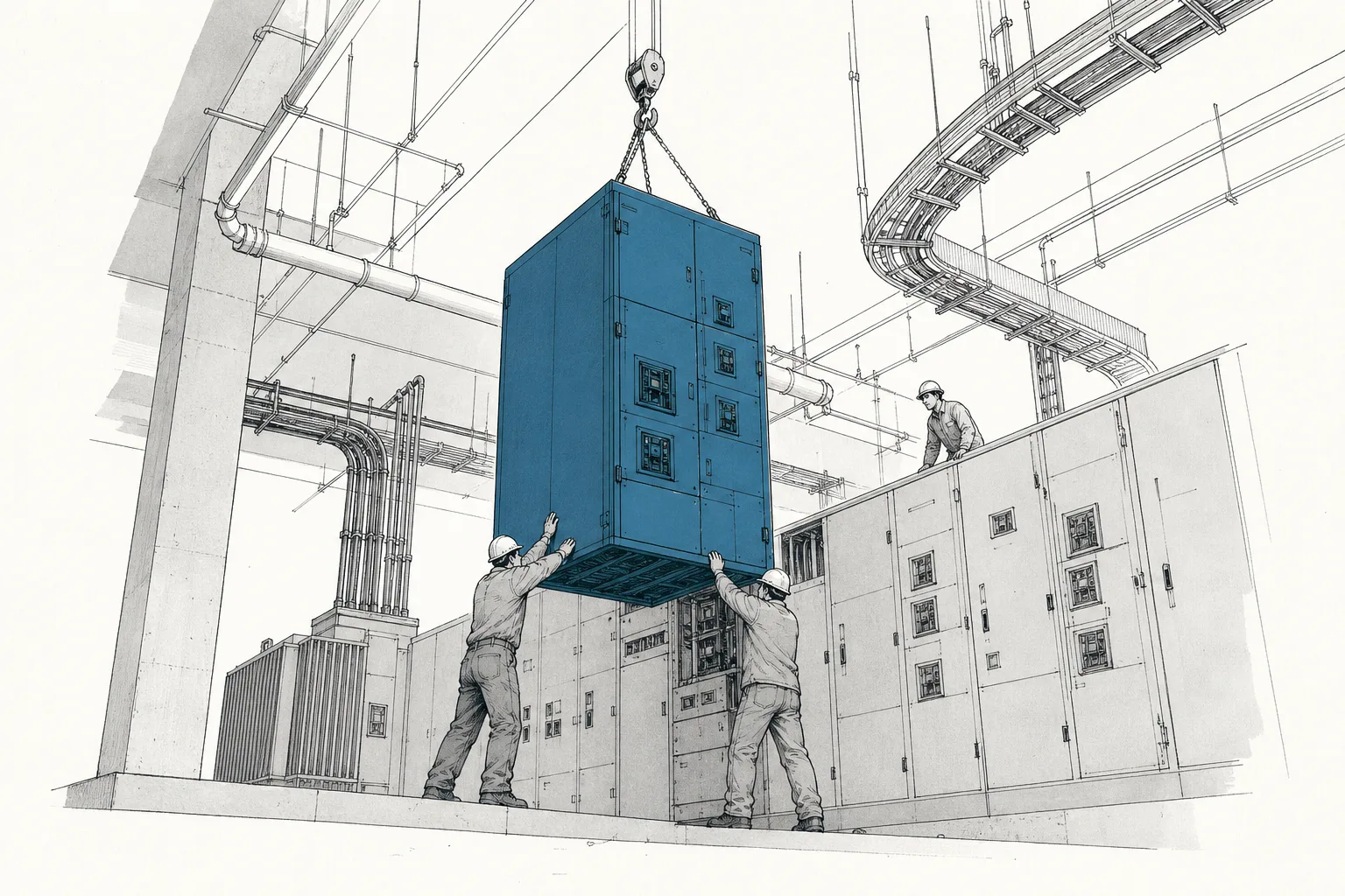 Electricians and mechanical workers installing a giant switchgear cabinet and running cooling pipes inside a data center's electrical room.
