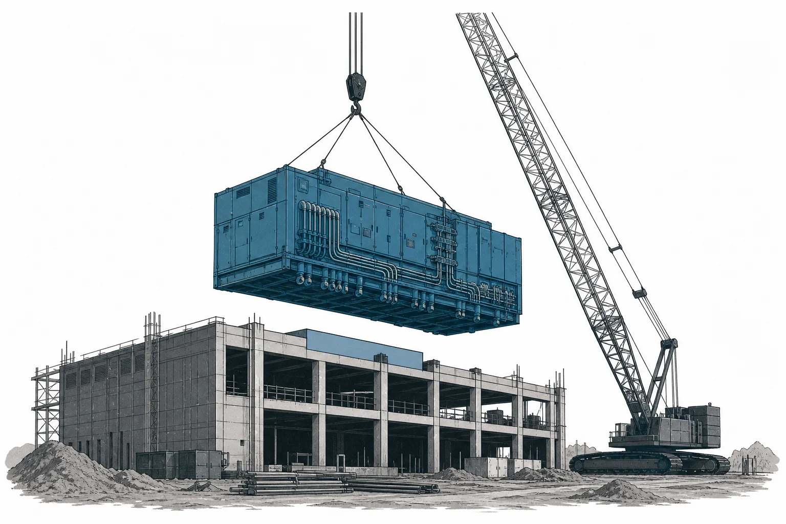 A giant prefab electrical-room module being hoisted by crane and set into place at a data center under construction.
