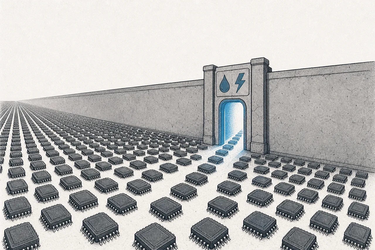 A vast line of AI chips waiting in front of a narrow gate marked with a water-drop and a lightning bolt, as if energy and cooling are the checkpoint holding back AI's growth