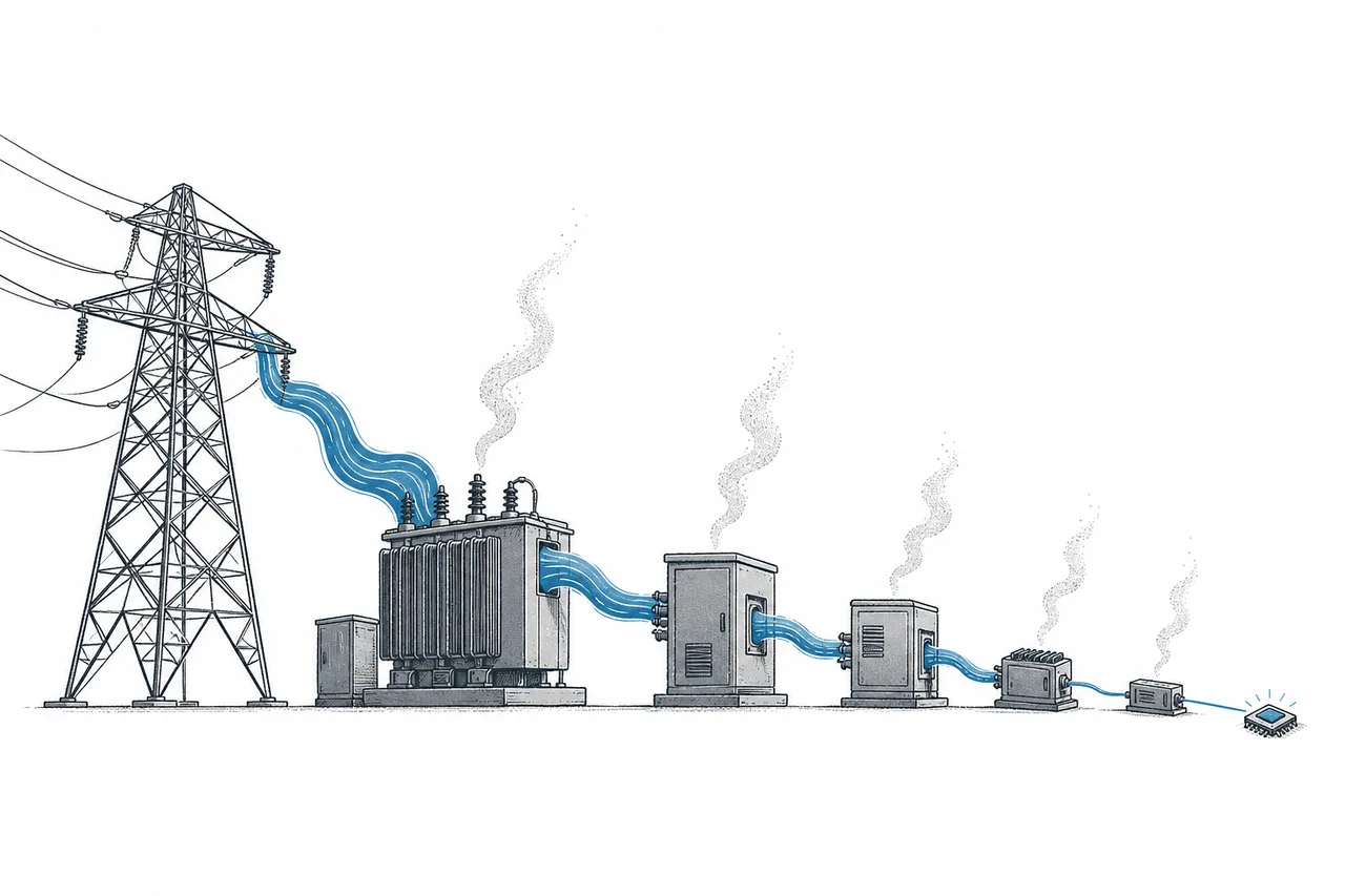 A big block of power from a high-voltage tower flows through stage after stage of conversion gear, shrinking bit by bit until it's a single thin wire feeding the chip