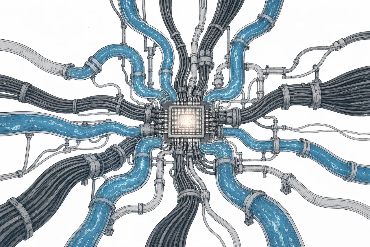 An AI chip glowing red-hot, fed by a mass of cooling-water pipes and high-voltage power lines rushing toward it like a system of blood vessels and lymph