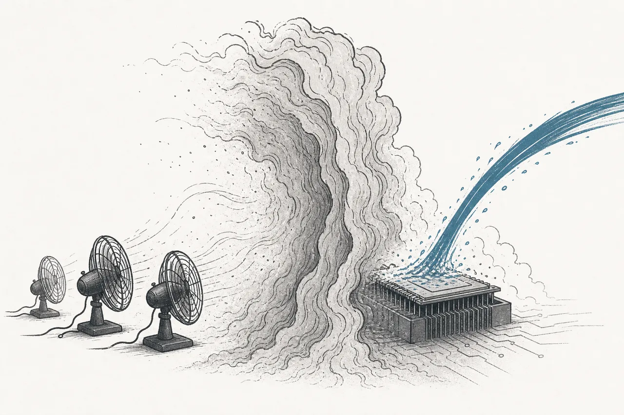 A small ventilation fan trying to blow at a huge, spreading mass of heat but failing to keep up, until cooling-water lines come in to help