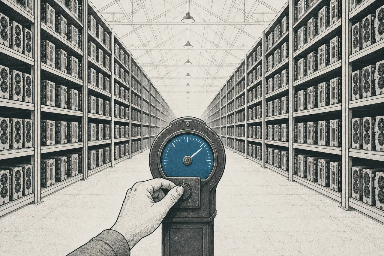 A massive warehouse full of shelves of glowing graphics cards, with a hand reaching in to rent by the hour through a meter
