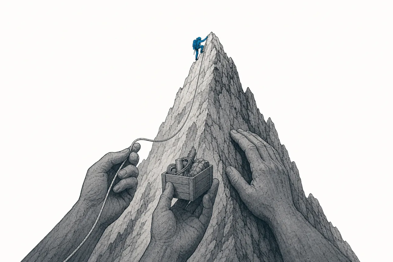 A small climber scaling a high peak, with a giant hand from below steadying the rope and sending up supplies all along the way
