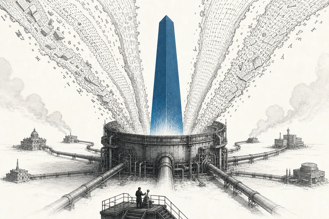 A giant furnace melting the world's books, languages, and data into a single powerful model, with API pipes branching out to feed different apps