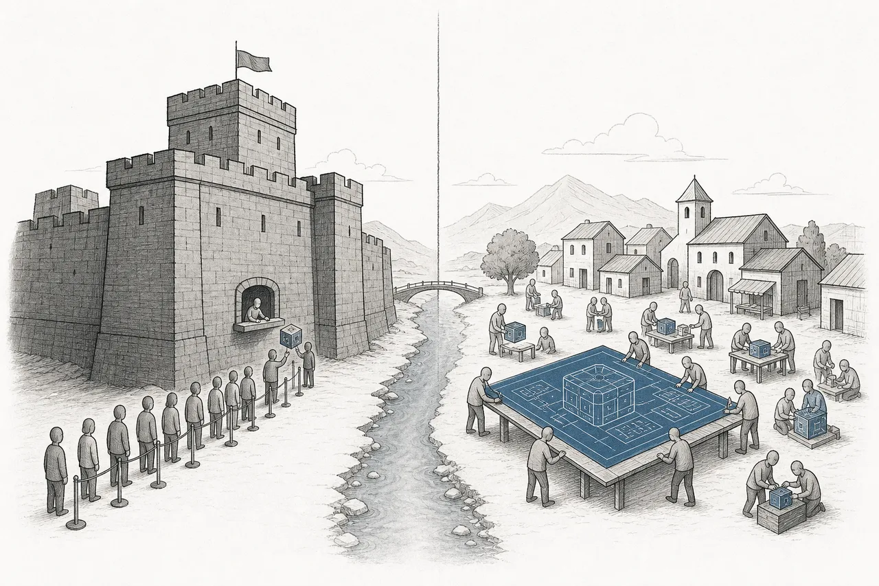 A picture contrasting two sides: one is a sealed, closed fortress handing its goods out through a small slot; the other is an open public square where people pick up blueprints and build on them themselves