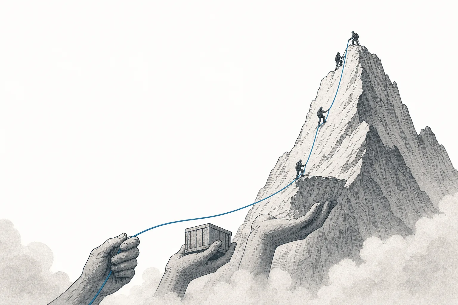 A few small climbers scaling a steep, towering peak, while many giant hands from below hold up their ropes and pass them supplies along the whole route.