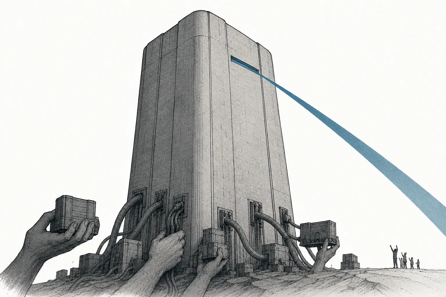 A towering, sealed fortress of a closed lab releases intelligence through a single small opening, while many giant hands from below keep feeding it power and supplies to sustain it.