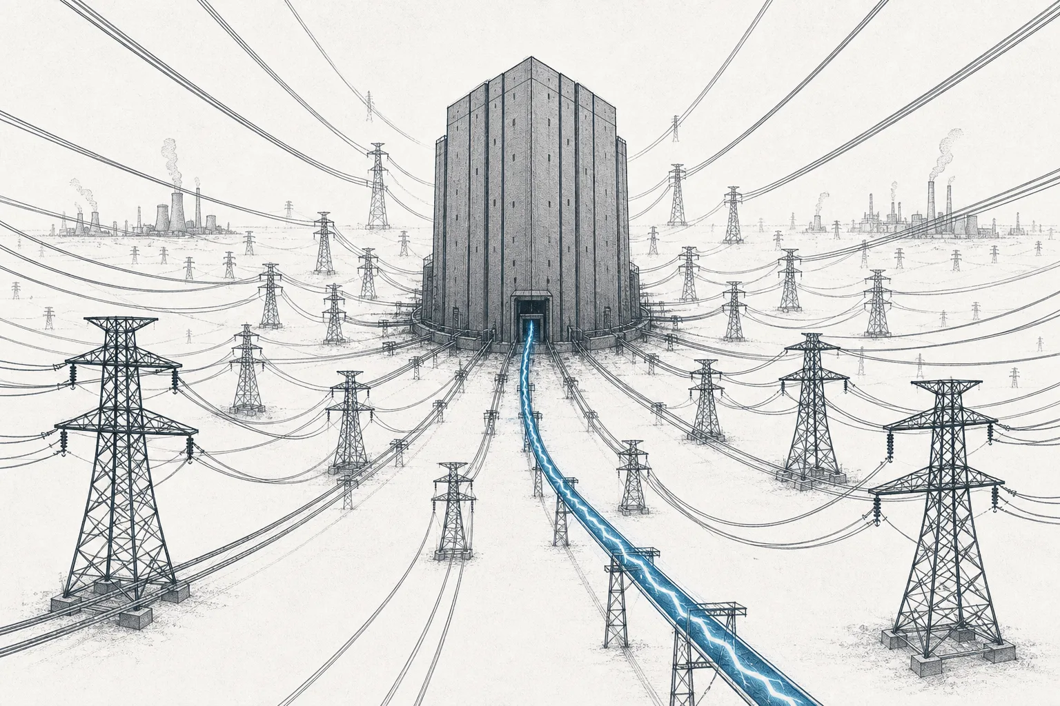 A towering fortress of intelligence with many huge power lines connecting in from every direction, as if a whole city's electrical grid were being pulled in to feed a single fortress.