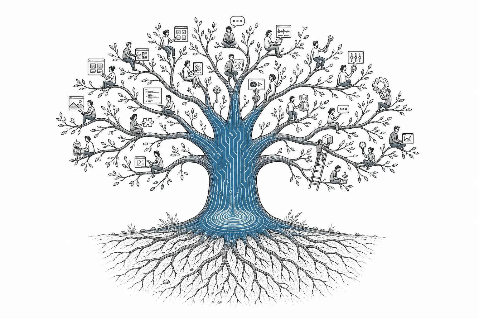 One large tree whose trunk is the open model, with many small apps and tools from all kinds of people branching out, growing from the same single root open for everyone to share.