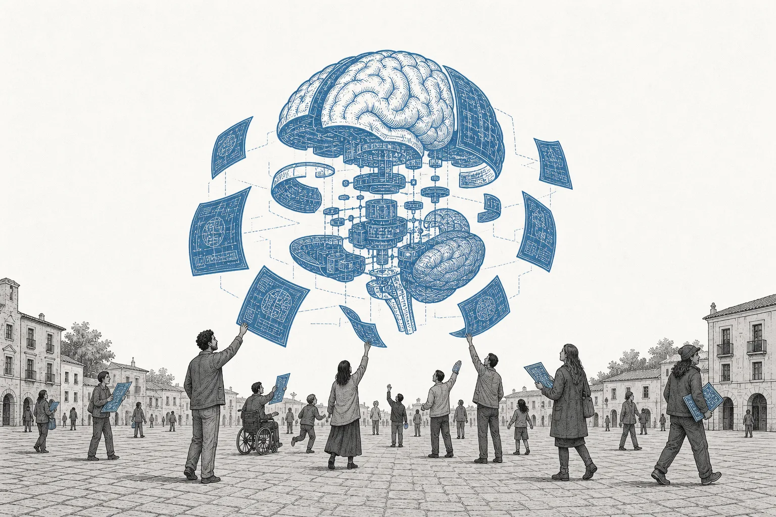 An open town square where many people walk up to take the "blueprint" of a giant machine brain laid out free for everyone, then each assembles it into their own thing.