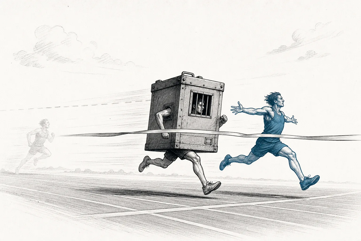 Two runners sprinting toward the finish line almost neck and neck. One wears a closed outfit with a wall around them; the other runs open and light. The gap that once existed has shrunk to almost nothing.